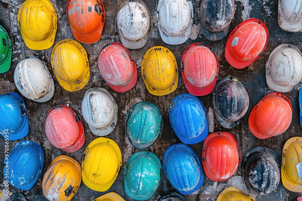 A Collection of Worn Hard Hats Displayed on a Rough Surface A Collection of Worn Hard Hats Displayed on a Rough Surface