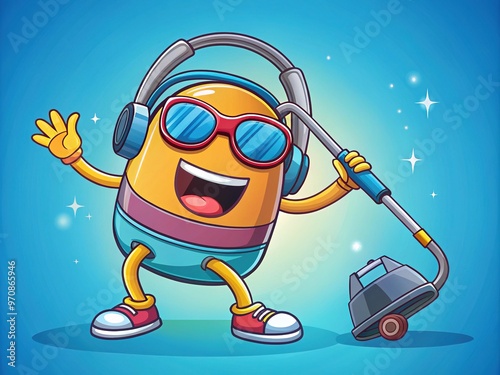 Colorful, whimsical illustration of a cartoon vacuum cleaner wearing sunglasses and headphones, enthusiastically dancing with its cord as if it's a mic, exuding playfulness and joy. photo