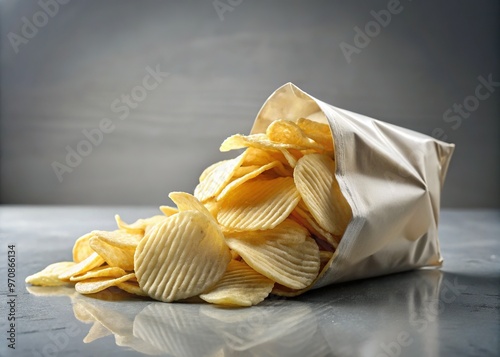 Crisp, salty, and tantalizing, a solitary white chip bag sits upright on a clean surface, its folded top and curved edges inviting a snack attack.