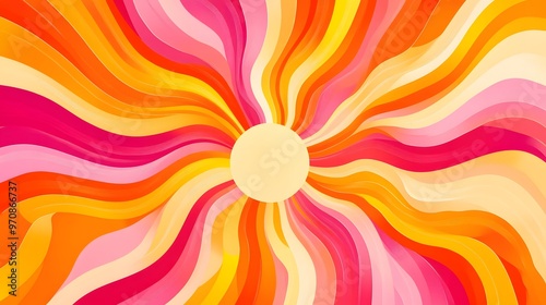 Sunburst retro vibrant abstract design featuring flowing, wave-like lines in bright orange, pink, and yellow hues radiating outward from a central circular shape.