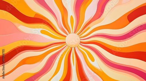 Sunburst retro vibrant abstract design featuring flowing, wave-like lines in bright orange, pink, and yellow hues radiating outward from a central circular shape.