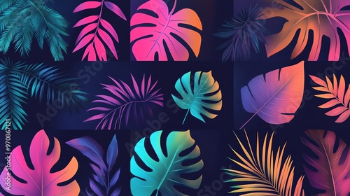 A collection of neon colored tropical leaves against a dark background.