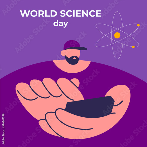 World science day with boy working in app. Suitable for poster, cover, web, social media banner. Flat vector illustration.