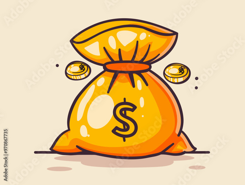 Treasure Chest: A Vector Illustration of a Bulging Money Bag Overflowing with Coins, Depicting Wealth and Financial Abundance in a Cartoonish and Quirky Style