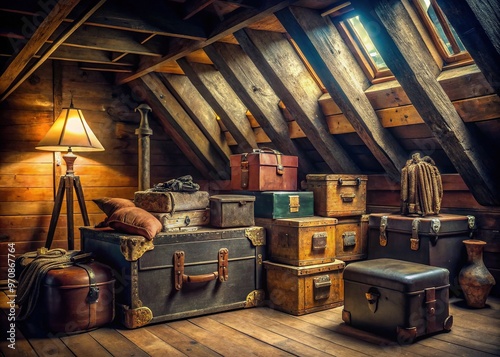 Dusty, forgotten treasures fill a dimly lit attic space, with old trunks, vintage luggage, and forgotten heirlooms shrouded in a warm, nostalgic atmosphere of decay. photo