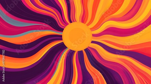 A vibrant abstract painting featuring a radiant sun at the center, surrounded by flowing, wavy lines in warm tones of orange, pink, and yellow.