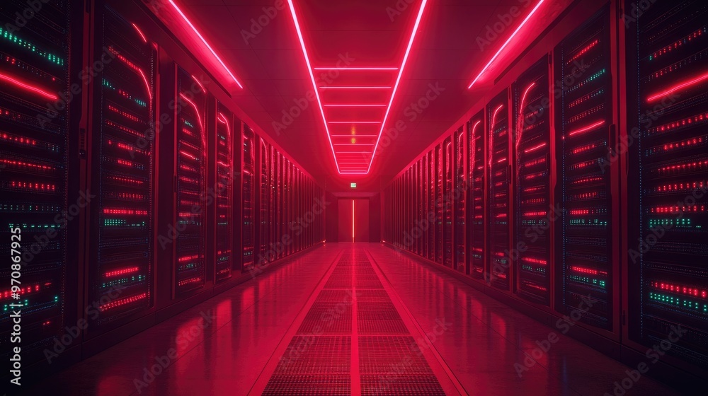 Fototapeta premium A long, narrow corridor lined with server racks. The ceiling is illuminated with red neon lights, casting a futuristic glow.
