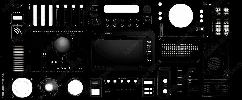 Fototapeta premium Futuristic HUD elements with link boxes, arrows, callouts, headers, pointers, borders, information fields, and boxes. Set of elements for video games or modern sci-fi user interfaces.