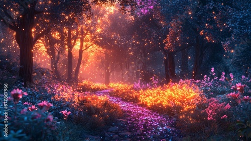 Enchanted Forest Path with Glowing Lights and Flowers