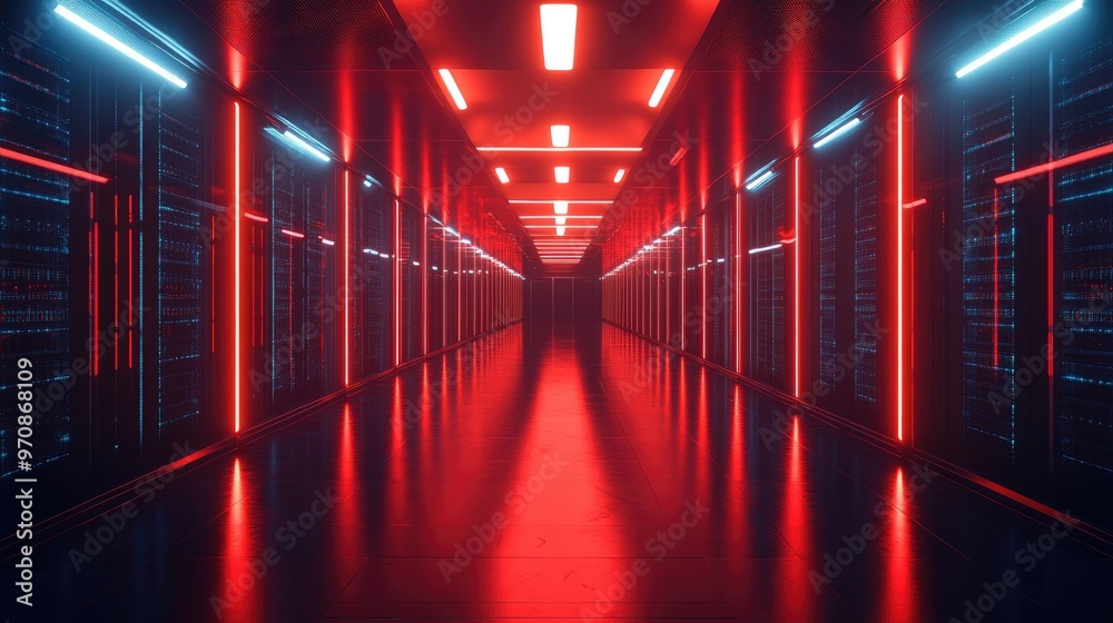 A long, narrow hallway inside a server room with red and blue neon lights. A long, narrow hallway inside a server room with red and blue neon lights.