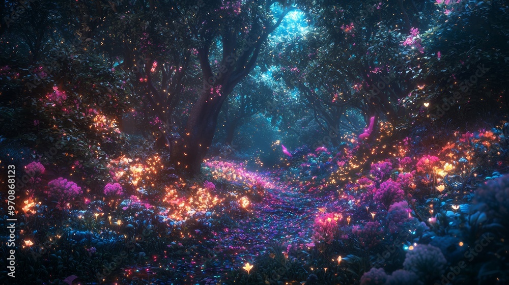Enchanted Forest Path with Glowing Flowers and Fireflies Enchanted Forest Path with Glowing Flowers and Fireflies