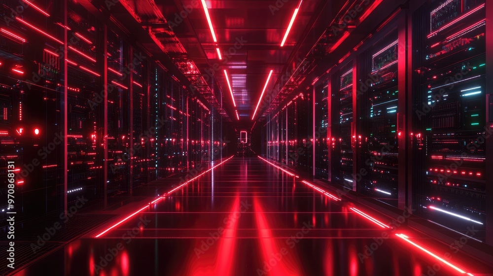 A long, empty corridor of a server room with red neon lights illuminating the rows of servers. A long, empty corridor of a server room with red neon lights illuminating the rows of servers.
