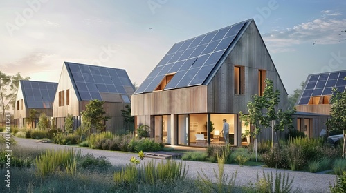 A row of houses with solar panels on the roofs photo