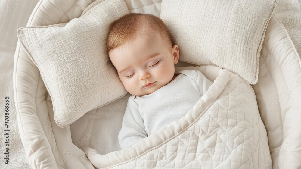 Baby peacefully napping in a cozy bassinet with soft pillows and blankets, Infant sleep, warmth, comfort Baby peacefully napping in a cozy bassinet with soft pillows and blankets, Infant sleep, warmth, comfort