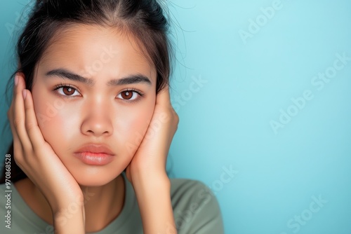 A studio close-up portrait of a young Asian woman wearing a casual t-shirt, with a colourful background.