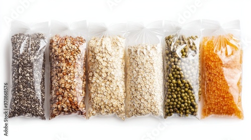 A set of clear plastic groat-filled bags is isolated on a white background. packets with rice, buckwheat grain, sugar, oat flakes, seeds, and peas. dummy