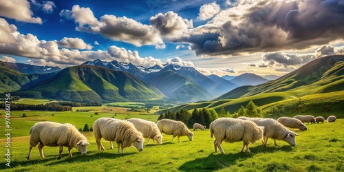 Fluffy white sheep graze peacefully in a lush green meadow surrounded by rolling hills and majestic mountains under a brilliant blue sky with white clouds.