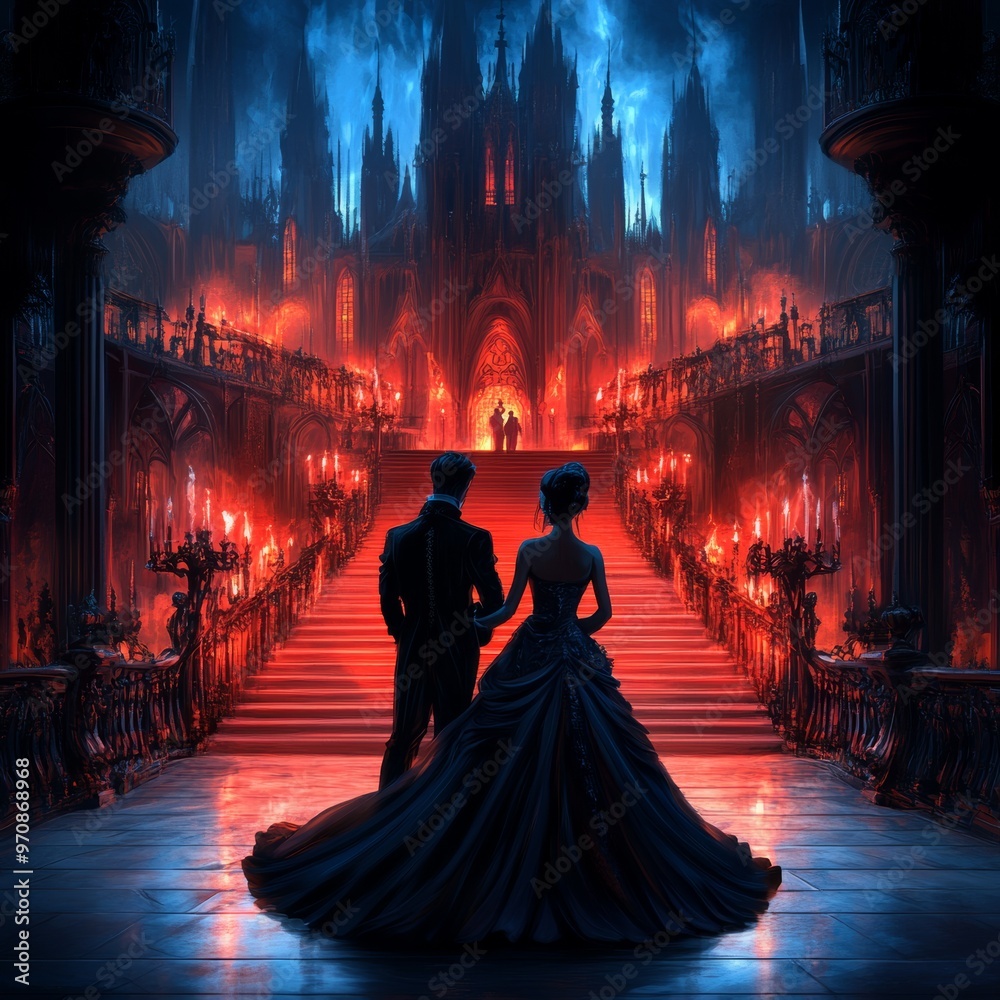 Couple Walking Up Stairs Towards a Glowing Gothic Cathedral Couple Walking Up Stairs Towards a Glowing Gothic Cathedral