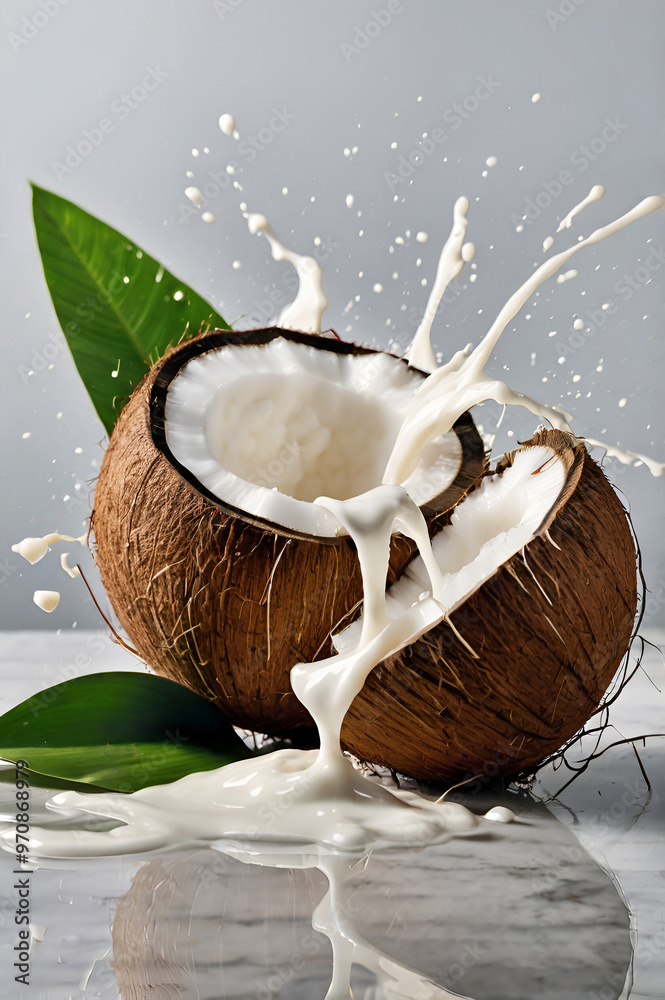 Coconut milk splash with leaves isolated on a mobile wallpaper. Ai generative Coconut milk splash with leaves isolated on a mobile wallpaper. Ai generative
