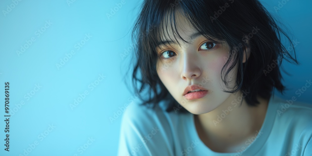 Fototapeta premium A studio close-up portrait of a young Asian woman wearing a casual t-shirt, with a colourful background.