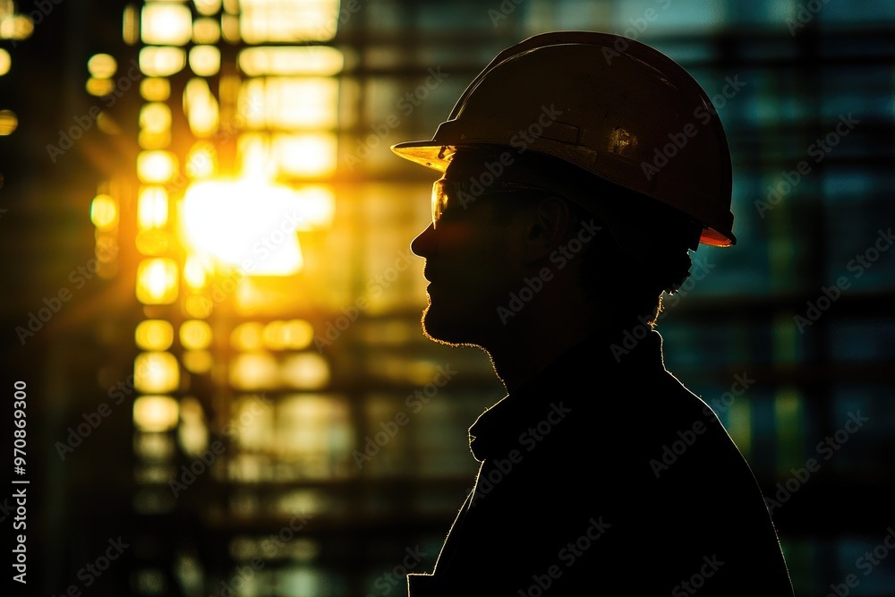 Silhouette of a Construction Worker Against a Sunlit Background Silhouette of a Construction Worker Against a Sunlit Background