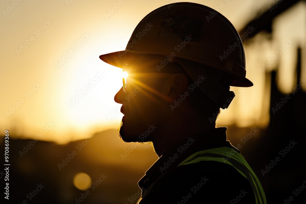 Silhouetted Construction Worker Gazing at the Sunset Silhouetted Construction Worker Gazing at the Sunset