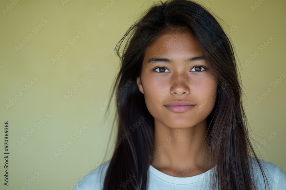 A studio close-up portrait of a young Asian woman wearing a casual t-shirt, with a colourful background. A studio close-up portrait of a young Asian woman wearing a casual t-shirt, with a colourful background.