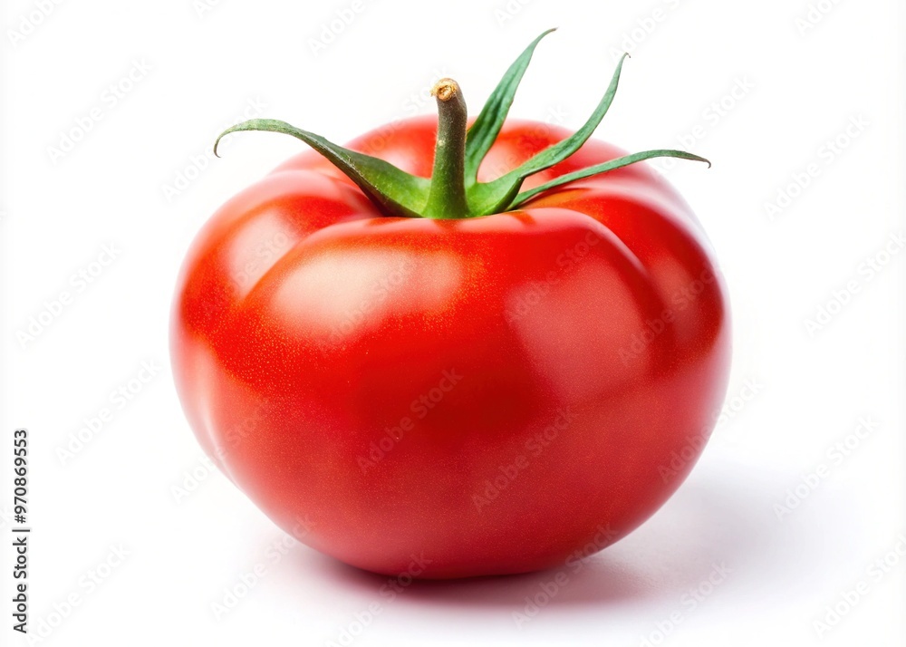 Fresh, ripe tomato isolated on a white background, vibrant red color, slight sheen, and subtle stem detail, showcasing the juicy flesh and delicate texture. Fresh, ripe tomato isolated on a white background, vibrant red color, slight sheen, and subtle stem detail, showcasing the juicy flesh and delicate texture.