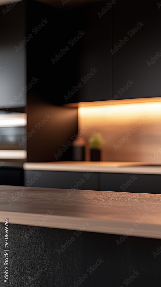 Close up of a kitchen countertop with a reflective finishing, with warm lighting cabinet and blurred view of dark cabinetry Close up of a kitchen countertop with a reflective finishing, with warm lighting cabinet and blurred view of dark cabinetry