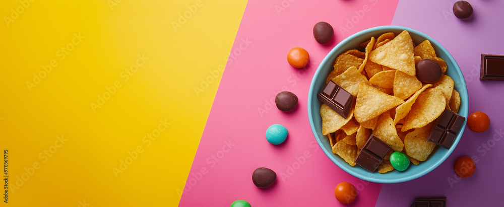 Junk food, snacks, chips or crisps, chocolate and candy in a bowl against a bright and colourful background. Suitable for kids birthday party header or banner with room for text. Junk food, snacks, chips or crisps, chocolate and candy in a bowl against a bright and colourful background. Suitable for kids birthday party header or banner with room for text.