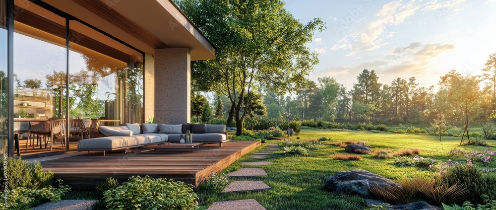 In the night, a villa backyard terrace with couches and lounge chairs is lit up. A suburban home patio. Vacation, relaxation, wellness spa resort, hotel. Stock.