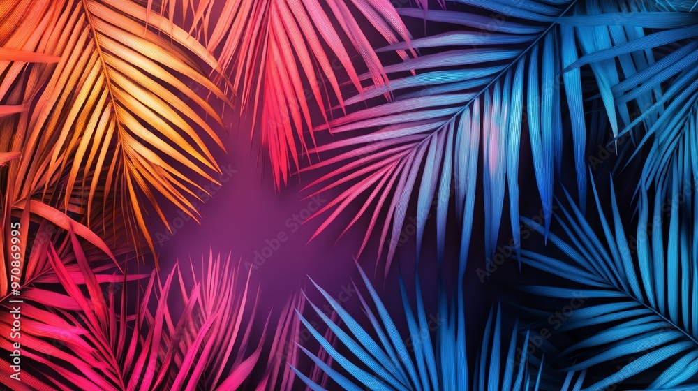 Tropical leaves illuminated in bright neon colors. Tropical leaves illuminated in bright neon colors.