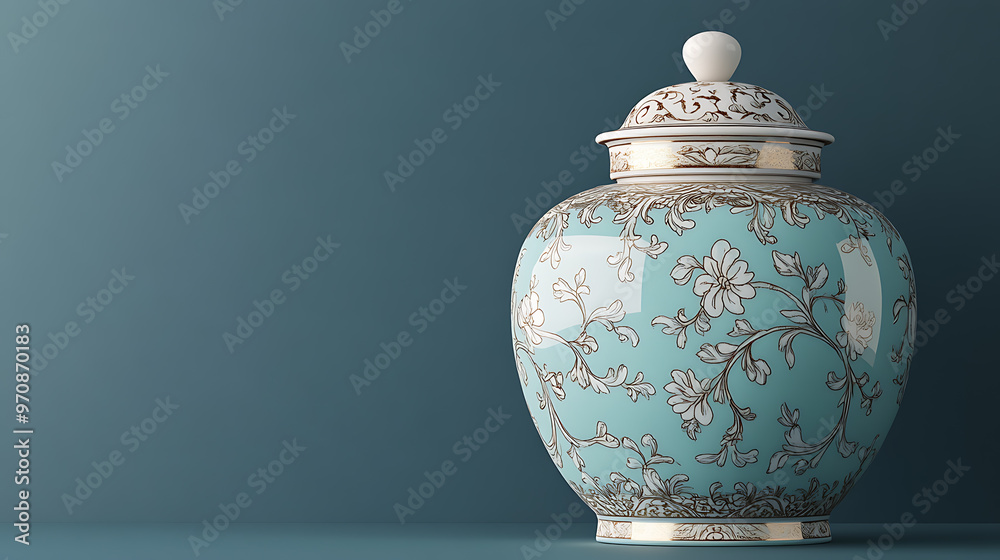 A beautiful blue and white porcelain jar with floral designs and gold accents against a teal background. A beautiful blue and white porcelain jar with floral designs and gold accents against a teal background.