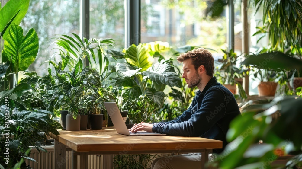 The Man at Laptop Surrounded Plants The Man at Laptop Surrounded Plants