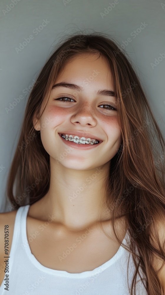 Cheerful girl with braces smiling brightly in studio lighting against a neutral background Cheerful girl with braces smiling brightly in studio lighting against a neutral background
