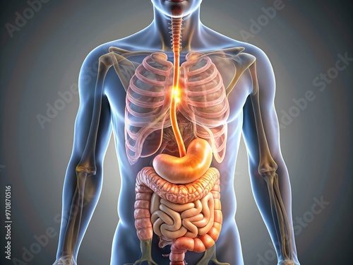 Illuminated 3D illustration of human stomach with labeled anatomical structures including esophagus, pyloric sphincter, duodenum, and small intestine, set against a neutral background. photo