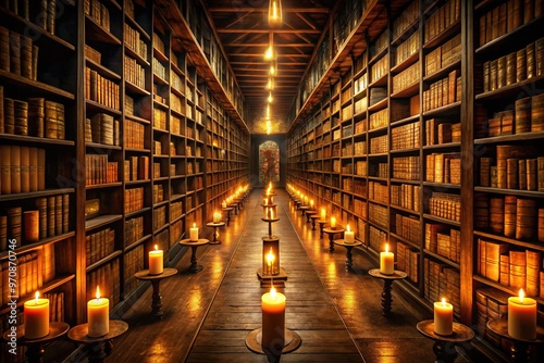 In a dimly lit, eerie annex, shelves upon shelves of ancient tomes stretch towards the darkness, surrounded by eerie candlelight and flickering, otherworldly energy.