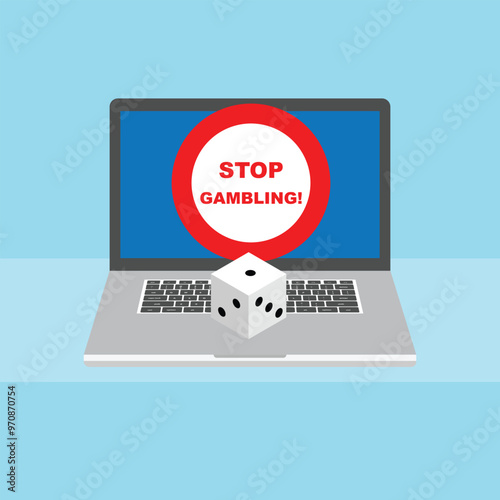 Laptop with a dice and the message stop gambling on its screen