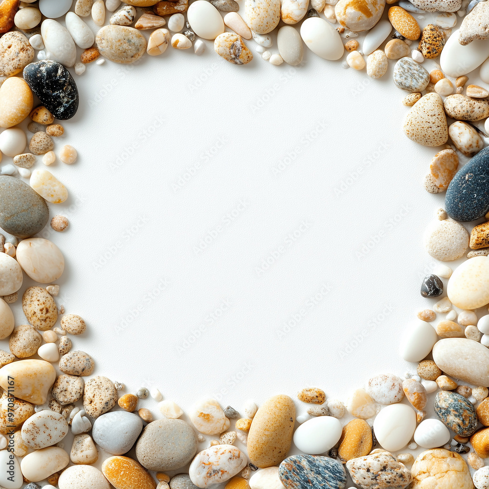 Obraz premium Pebble Frame on White: Smooth, colorful pebbles form a natural, textured border on a clean white background, offering a serene and grounding space for your message. 
