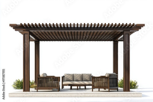 An outdoor patio with a contemporary pergola in 3D. Stock image.