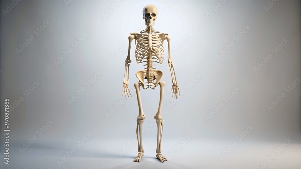 Isolated white background features a complete human skeleton standing upright, showcasing intricate bone structure and joints, with a subtle soft focus effect for a medical or educational context. Isolated white background features a complete human skeleton standing upright, showcasing intricate bone structure and joints, with a subtle soft focus effect for a medical or educational context.