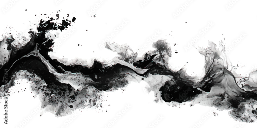 Abstract black ink splashes and waves on white background. Abstract black ink splashes and waves on white background.