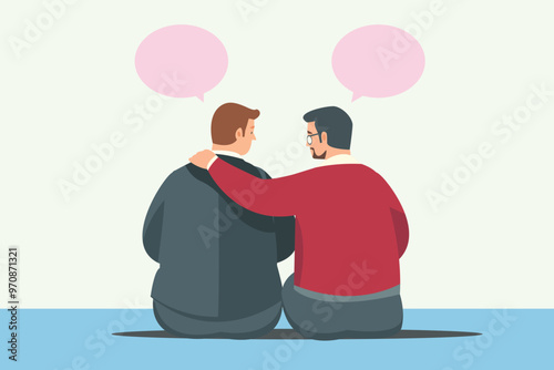 mental support sympathy concept. man comfort sad friend. father -son, brother , family. minimal vector illustration	
