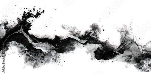 Abstract black ink splashes and waves on white background.