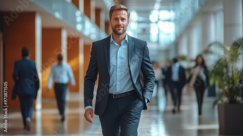 Wallpaper Mural Confident businessman walking through a modern office hallway, showcasing professionalism and determination in a corporate environment. Torontodigital.ca