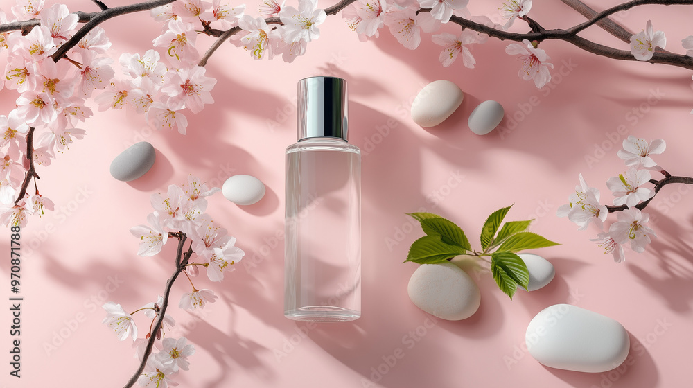 Spring Blossom Skincare: A serene and minimalist beauty product mockup featuring a clear glass bottle with a silver pump, nestled among delicate cherry blossoms and smooth white stones
Spring Blossom Skincare: A serene and minimalist beauty product mockup featuring a clear glass bottle with a silver pump, nestled among delicate cherry blossoms and smooth white stones