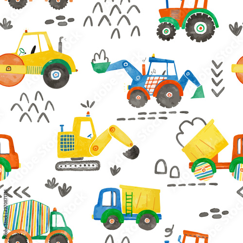 Beautiful vector childish seamless pattern with hand drawn watercolor kid toys illustrations. Construction equipment concrete mixer dump truck excavator tractor.