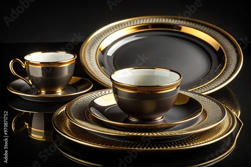 Luxurious gold hemmed tableware set, including charger plate, dinner plate, bowl, and cup, exudes opulence and sophistication on a velvety black background. photo