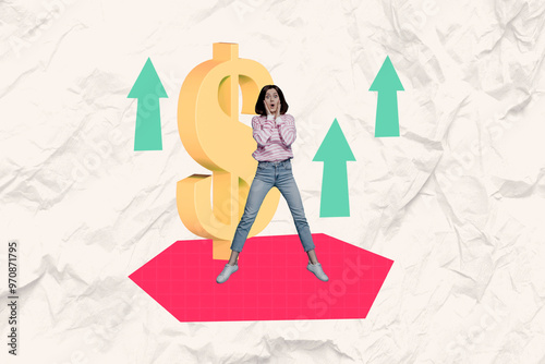 Creative image collage young amazed girl unbelievable reaction shock omg money finance increase earnings growth income profit