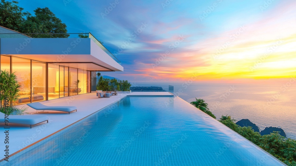 Fototapeta premium House with swimming pool, modern pool villa by the ocean, luxury villa by the ocean at sunset